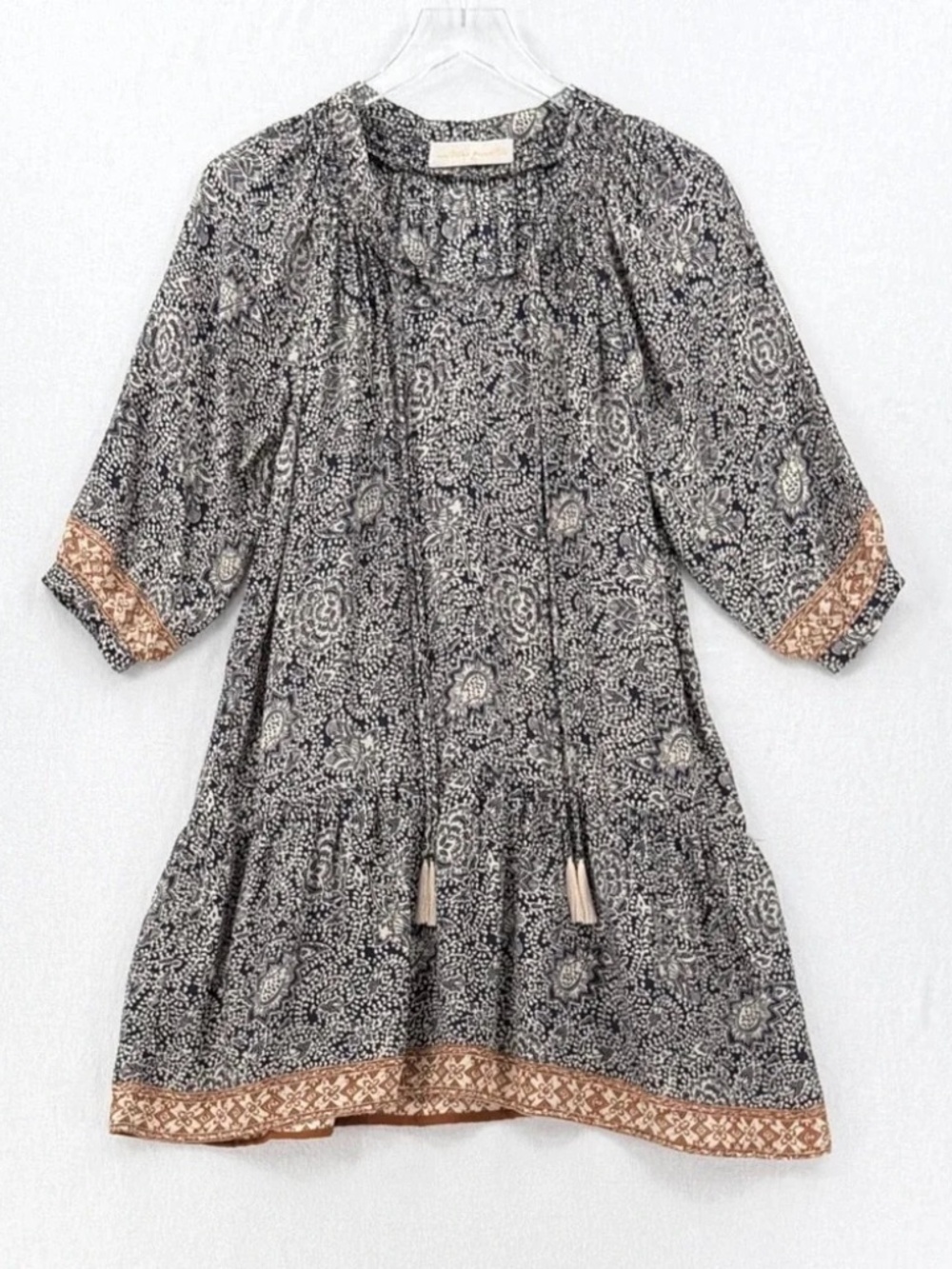 Natalie Martin Stevie Dress Silk Boho Tassel Navy Paisley Print Size M